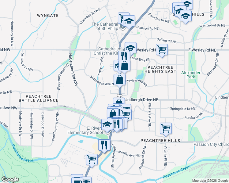 map of restaurants, bars, coffee shops, grocery stores, and more near 2520 Peachtree Road Northwest in Atlanta