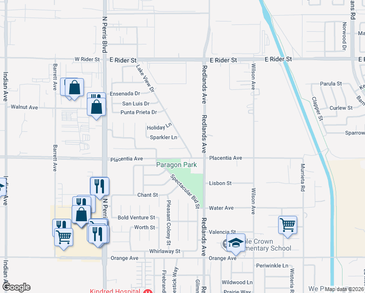 map of restaurants, bars, coffee shops, grocery stores, and more near 2820 Lake View Drive in Perris