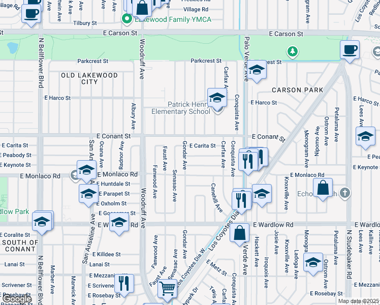 map of restaurants, bars, coffee shops, grocery stores, and more near 6109 East Peabody Street in Long Beach