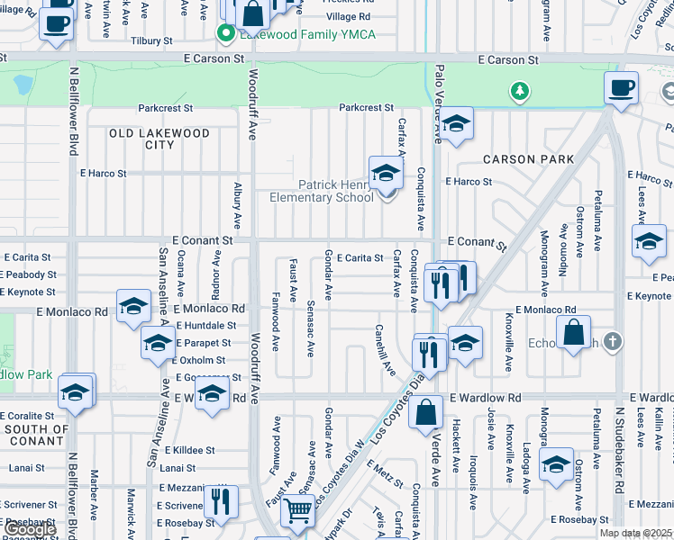 map of restaurants, bars, coffee shops, grocery stores, and more near 6109 East Peabody Street in Long Beach