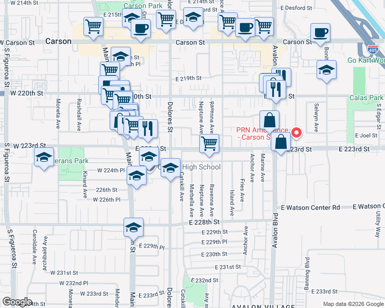 map of restaurants, bars, coffee shops, grocery stores, and more near 350 East 223rd Street in Carson