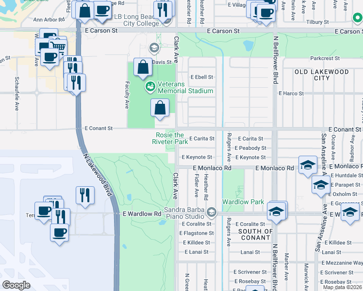 map of restaurants, bars, coffee shops, grocery stores, and more near 3628 Clark Avenue in Long Beach