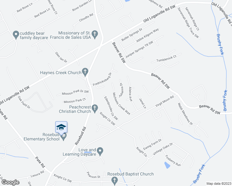 map of restaurants, bars, coffee shops, grocery stores, and more near 3885 Michaels Creek Way in Loganville