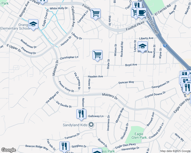 map of restaurants, bars, coffee shops, grocery stores, and more near Hayden Avenue in Corona