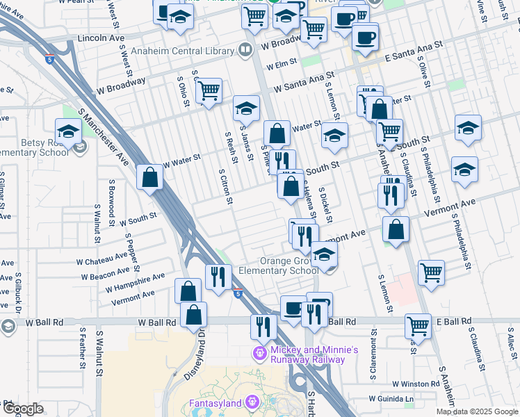 map of restaurants, bars, coffee shops, grocery stores, and more near 701 West Provential Drive in Anaheim