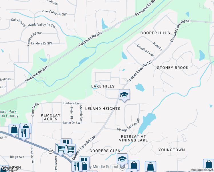 map of restaurants, bars, coffee shops, grocery stores, and more near 64 Driskell Avenue Southwest in Mableton