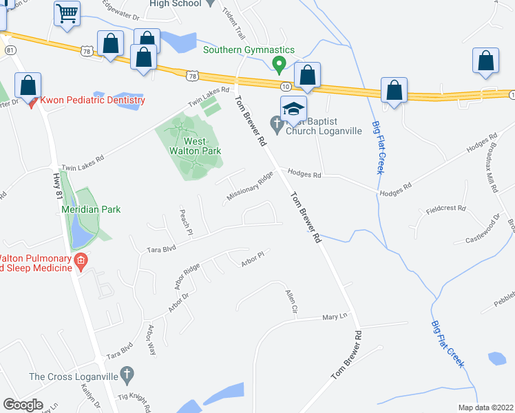 map of restaurants, bars, coffee shops, grocery stores, and more near Big Sam Circle in Loganville