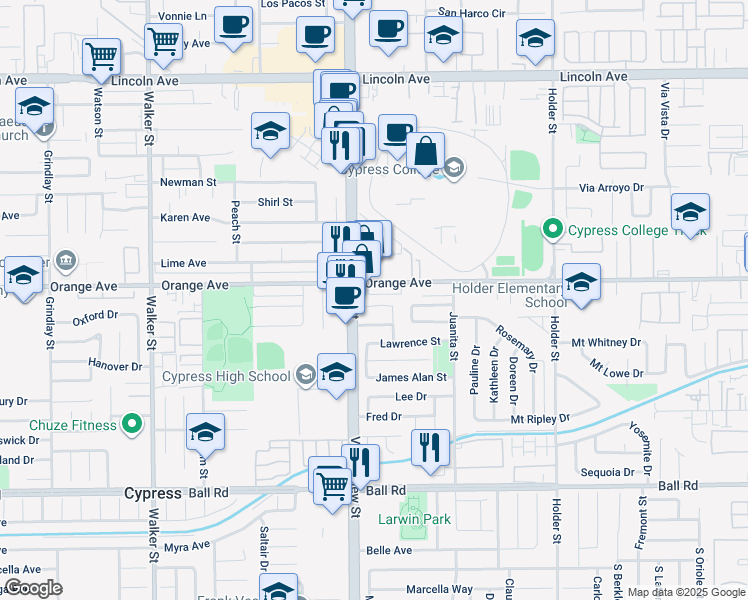 map of restaurants, bars, coffee shops, grocery stores, and more near 6053 Ronald Circle in Cypress