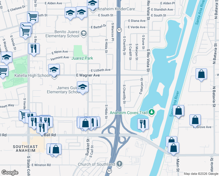 map of restaurants, bars, coffee shops, grocery stores, and more near 2623 East Norm Place in Anaheim