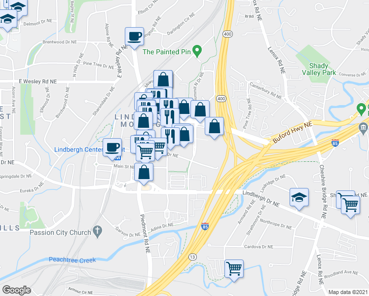 map of restaurants, bars, coffee shops, grocery stores, and more near 2537 Piedmont Road Northeast in Atlanta