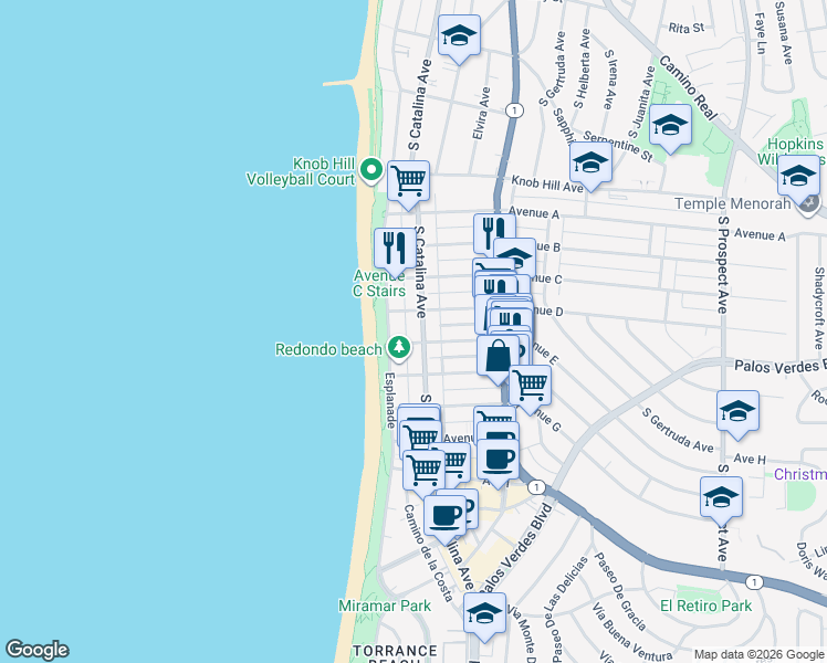 map of restaurants, bars, coffee shops, grocery stores, and more near 125 Avenue E in Redondo Beach