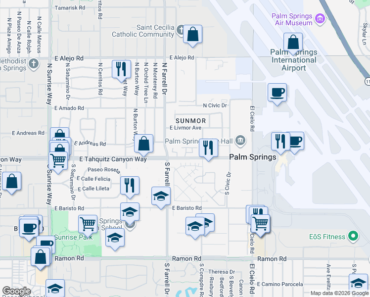 map of restaurants, bars, coffee shops, grocery stores, and more near 2720 East Tahquitz Canyon Way in Palm Springs