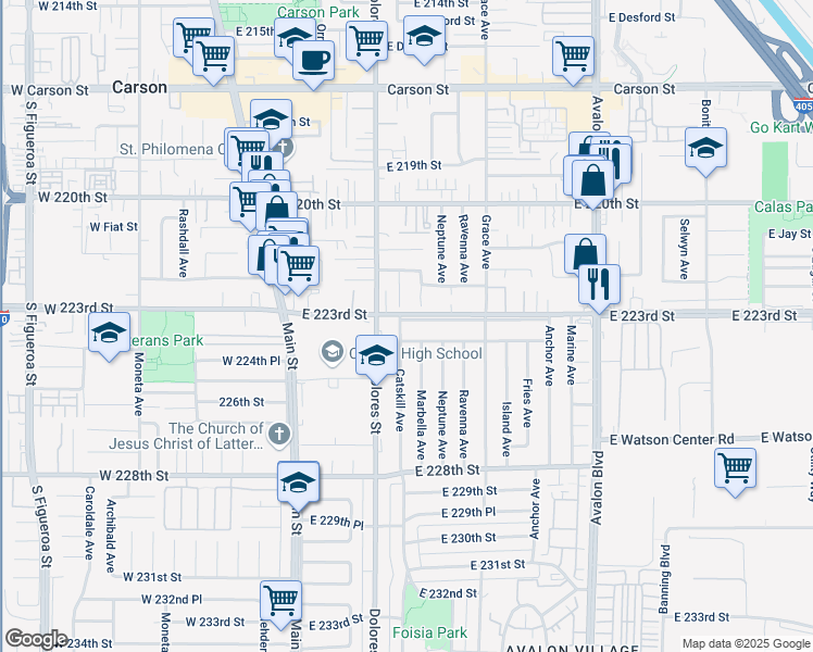 map of restaurants, bars, coffee shops, grocery stores, and more near 330 East 223rd Street in Carson