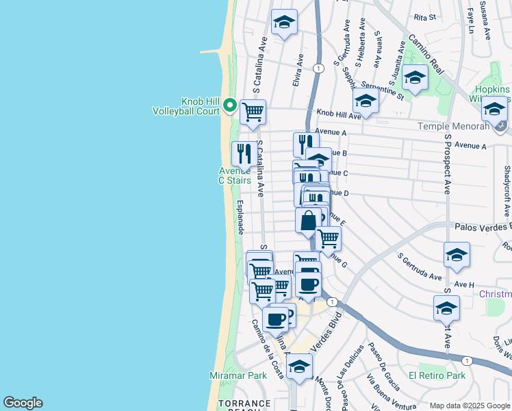 map of restaurants, bars, coffee shops, grocery stores, and more near 1219 South Catalina Avenue in Redondo Beach