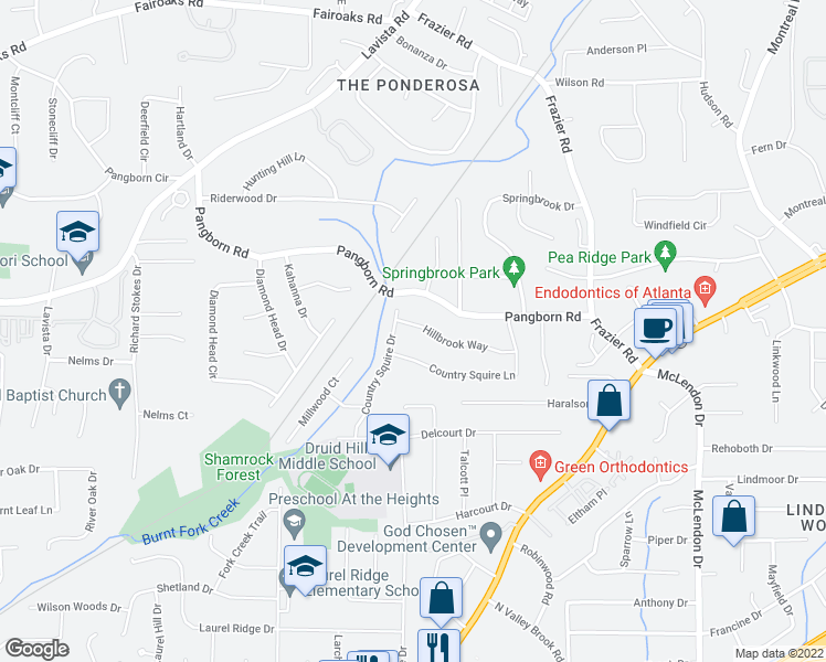 map of restaurants, bars, coffee shops, grocery stores, and more near 2861 Hillbrook Way in Decatur
