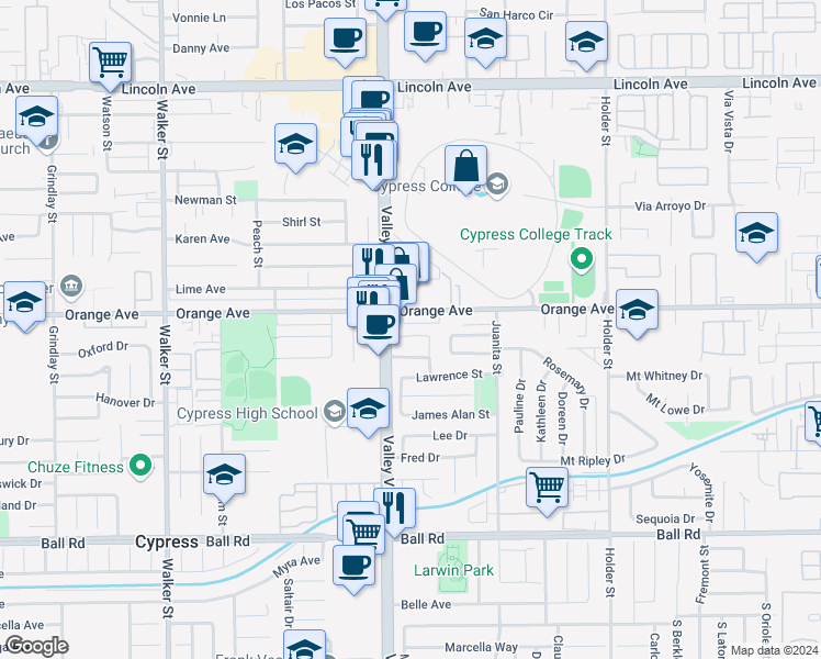 map of restaurants, bars, coffee shops, grocery stores, and more near 6053 Ronald Circle in Cypress