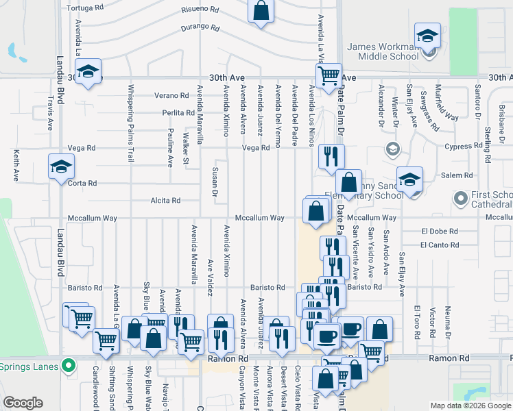 map of restaurants, bars, coffee shops, grocery stores, and more near 30960 Avenida Juarez in Cathedral City
