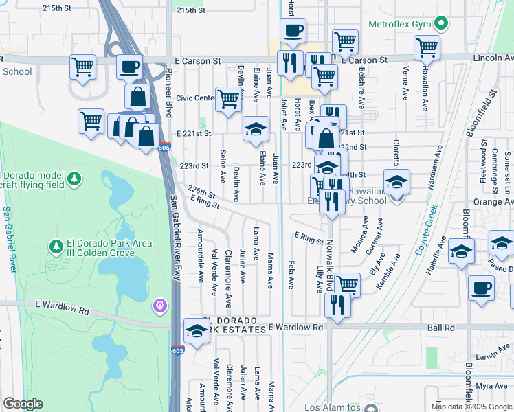 map of restaurants, bars, coffee shops, grocery stores, and more near 7931 East Ring Street in Long Beach