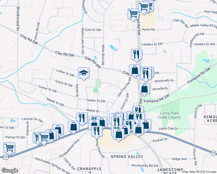 map of restaurants, bars, coffee shops, grocery stores, and more near 889 Walker Drive Southwest in Mableton