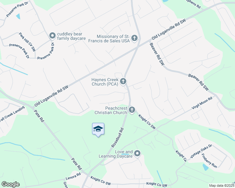 map of restaurants, bars, coffee shops, grocery stores, and more near 1632 Mission Park Drive Southwest in Loganville