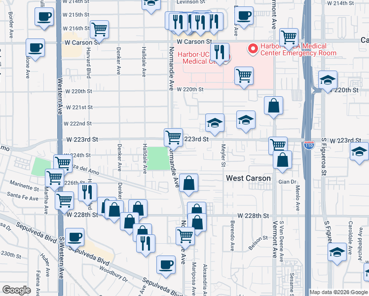 map of restaurants, bars, coffee shops, grocery stores, and more near 1250 Bonnet Way in Torrance
