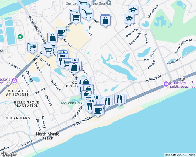 map of restaurants, bars, coffee shops, grocery stores, and more near 587 North Hillside Drive in North Myrtle Beach