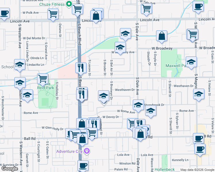 map of restaurants, bars, coffee shops, grocery stores, and more near 2914 Rogers Court in Anaheim