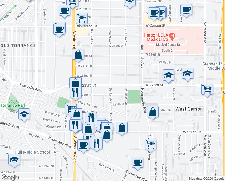 map of restaurants, bars, coffee shops, grocery stores, and more near 22322 Denker Avenue in Torrance