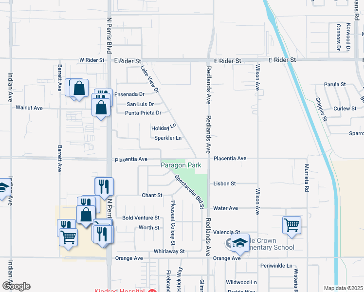 map of restaurants, bars, coffee shops, grocery stores, and more near 2808 Lake View Drive in Perris