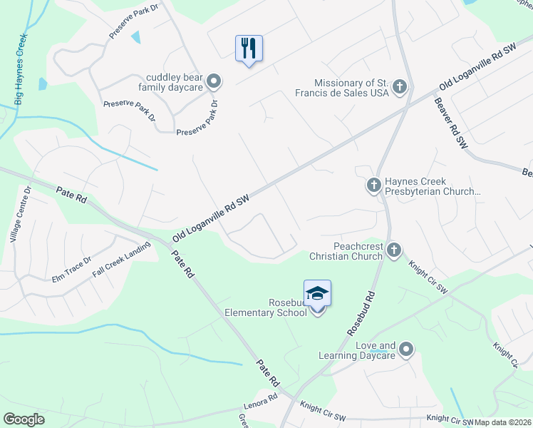 map of restaurants, bars, coffee shops, grocery stores, and more near 1845 Logan Ridge Circle in Loganville