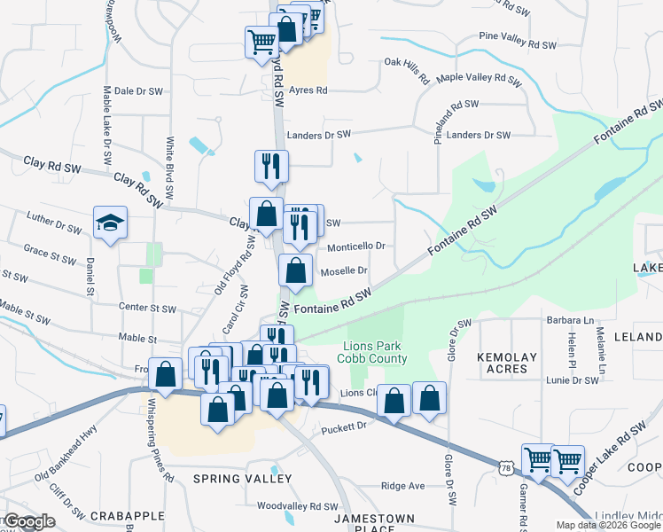 map of restaurants, bars, coffee shops, grocery stores, and more near 642-652 Moselle Drive in Mableton
