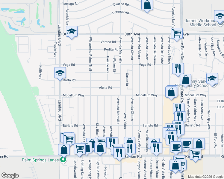 map of restaurants, bars, coffee shops, grocery stores, and more near 68425 Alcita Road in Cathedral City