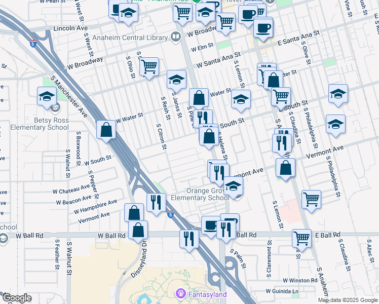 map of restaurants, bars, coffee shops, grocery stores, and more near 701 West Provential Drive in Anaheim