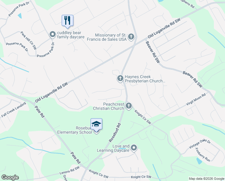 map of restaurants, bars, coffee shops, grocery stores, and more near 1759 Mission Park Court in Loganville