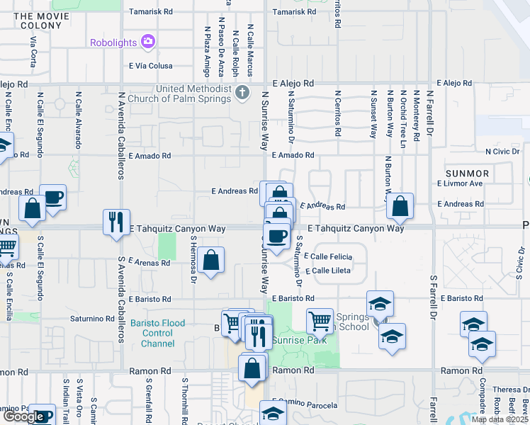 map of restaurants, bars, coffee shops, grocery stores, and more near in Palm Springs