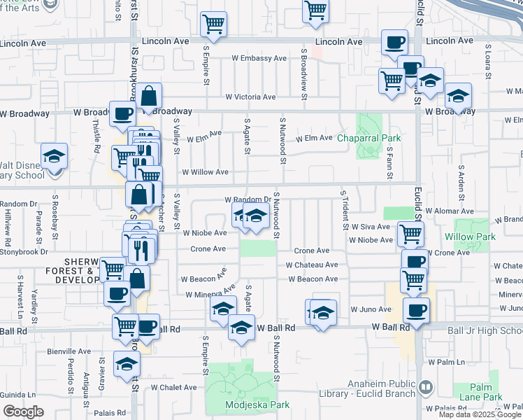 map of restaurants, bars, coffee shops, grocery stores, and more near 1921 West Clearbrook Lane in Anaheim