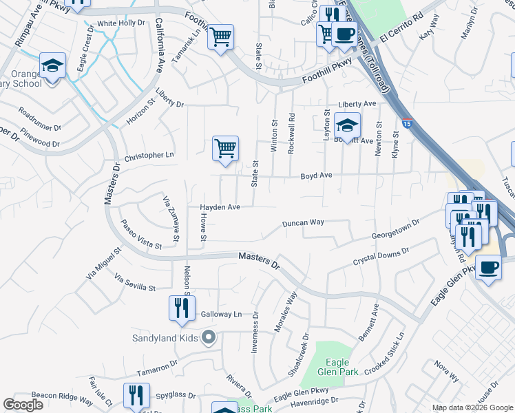 map of restaurants, bars, coffee shops, grocery stores, and more near 1766 Hayden Avenue in Corona