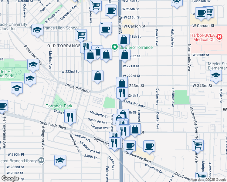 map of restaurants, bars, coffee shops, grocery stores, and more near 22395 South Western Avenue in Torrance