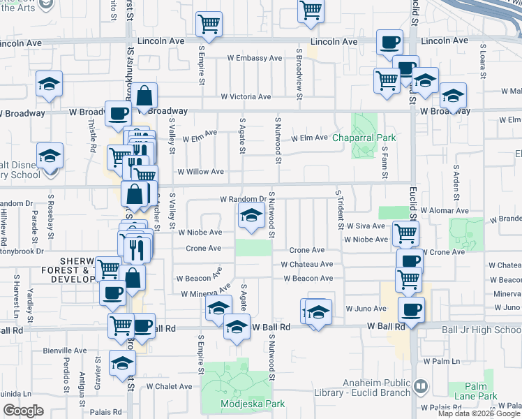 map of restaurants, bars, coffee shops, grocery stores, and more near 1915 West Clearbrook Lane in Anaheim
