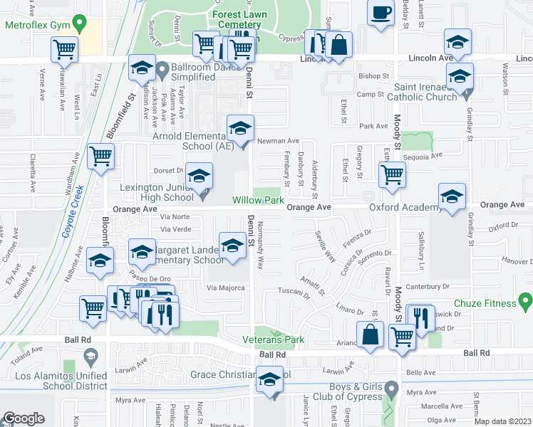map of restaurants, bars, coffee shops, grocery stores, and more near 4531 Victoria Court in Cypress
