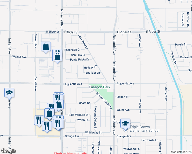 map of restaurants, bars, coffee shops, grocery stores, and more near 305 Jubilee Court in Perris