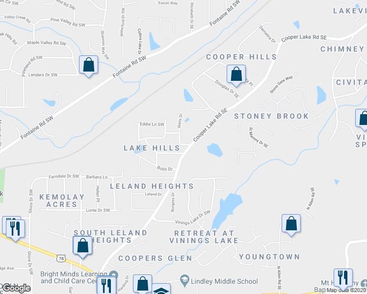 map of restaurants, bars, coffee shops, grocery stores, and more near 71 Cooper Lake Road Southwest in Mableton