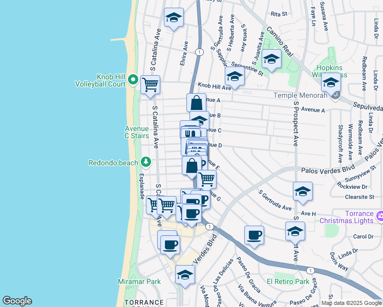 map of restaurants, bars, coffee shops, grocery stores, and more near 230 Avenue E in Redondo Beach