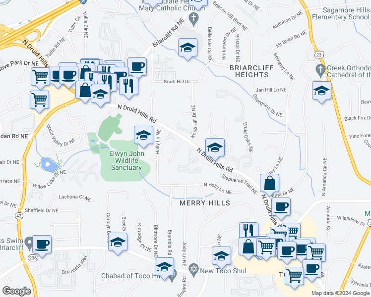 map of restaurants, bars, coffee shops, grocery stores, and more near 2573 North Druid Hills Road in Atlanta
