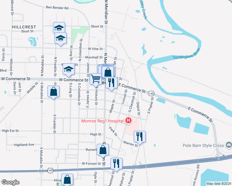 map of restaurants, bars, coffee shops, grocery stores, and more near 201-299 East Washington Street in Aberdeen