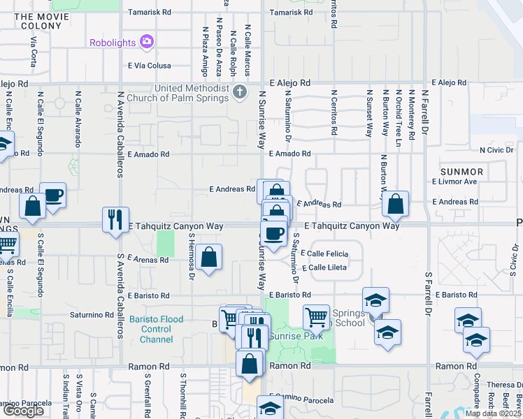 map of restaurants, bars, coffee shops, grocery stores, and more near in Palm Springs