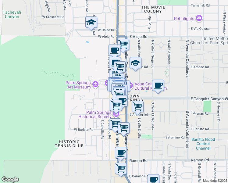 map of restaurants, bars, coffee shops, grocery stores, and more near 101 North Palm Canyon Drive in Palm Springs