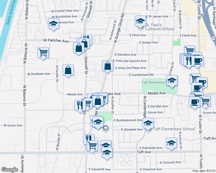 map of restaurants, bars, coffee shops, grocery stores, and more near 2123 North Shaffer Street in Orange