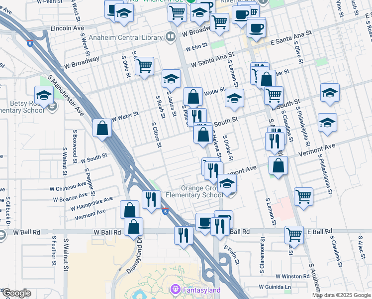 map of restaurants, bars, coffee shops, grocery stores, and more near 624 West Provential Drive in Anaheim