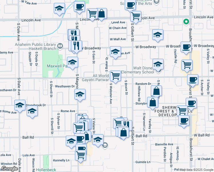 map of restaurants, bars, coffee shops, grocery stores, and more near 2500 West Clearbrook Lane in Anaheim